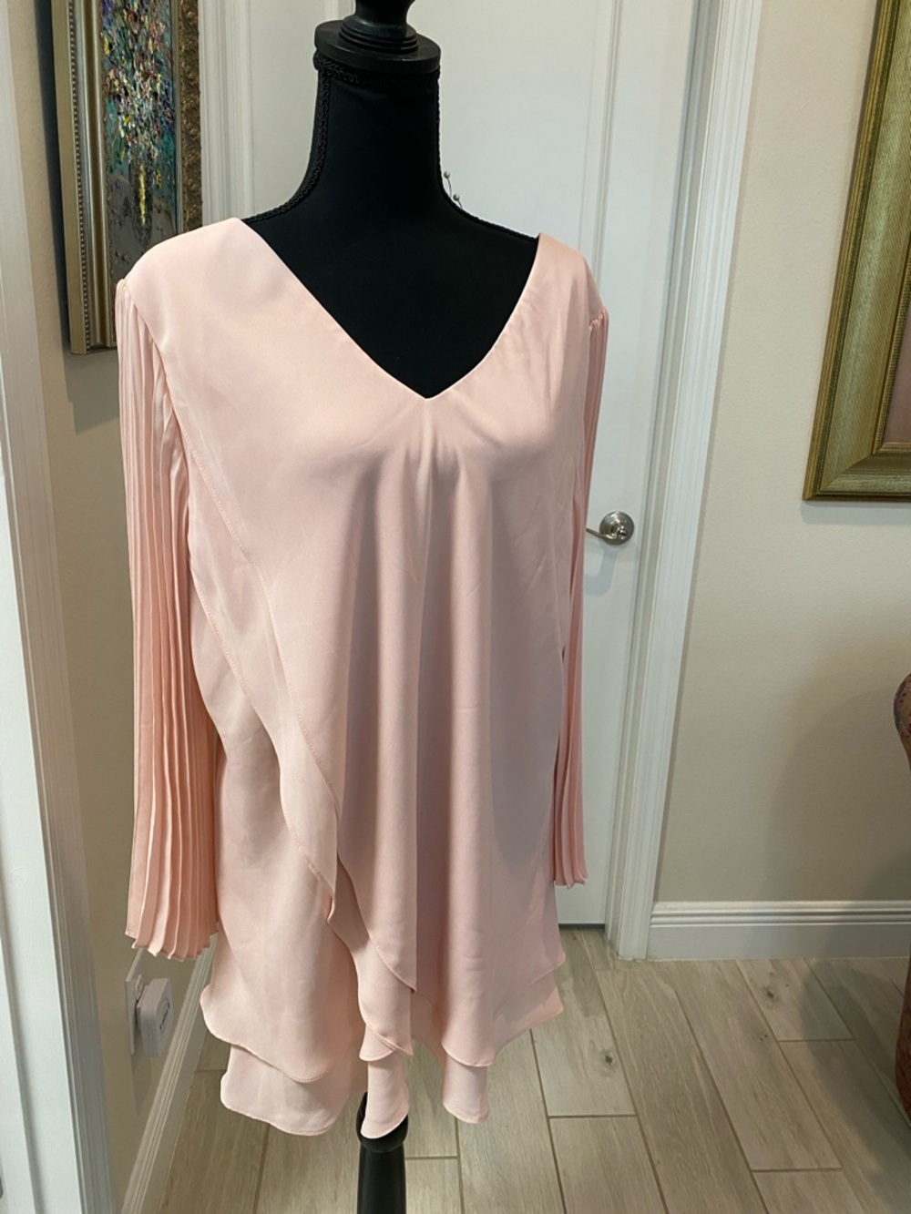 Laurie Felt Blush Pink V-Neck Pleated Sleeve Draped Blouse NWOT